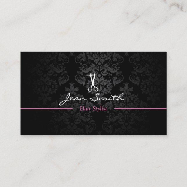 Stylish Dark Damask Hair Stylist Business Card v2 (Front)