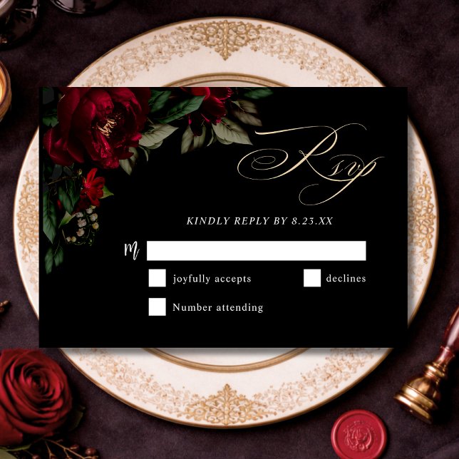 Stylish dark gothic red green floral moody wedding RSVP card (Creator Uploaded)