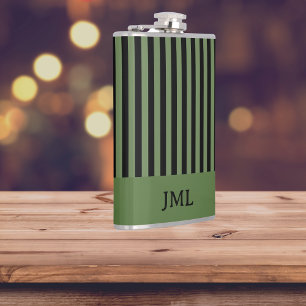 Stylish Dark Green and Black Stripes Monogram Hip Flask