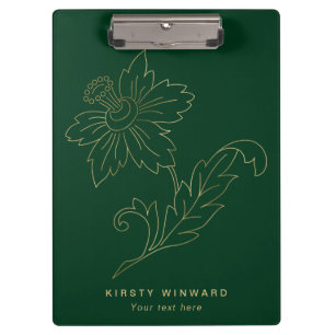 Stylish Dark Green and Gold Botanical Flower Clipboard