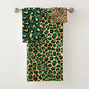Stylish Dark Green and Gold Foil Leopard Spots Bath Towel Set