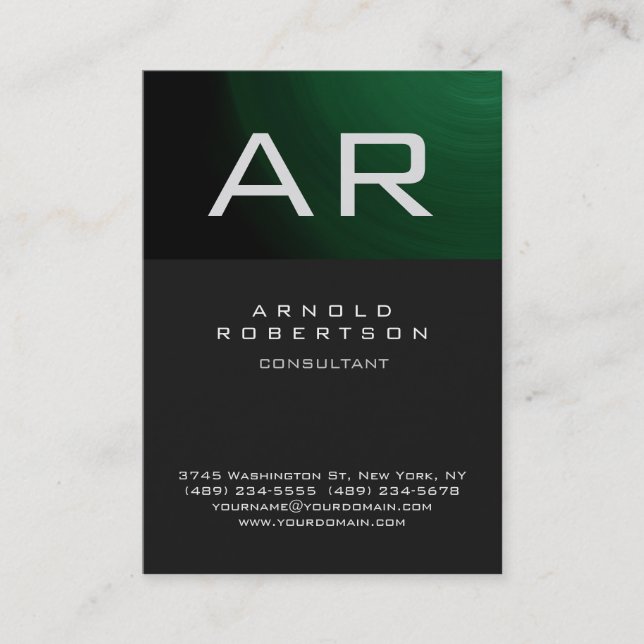 Stylish Dark Grey Green Monogram Business Card (Front)