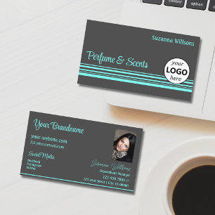 Stylish Dark Grey Teal Stripes with Logo and Photo Business Card