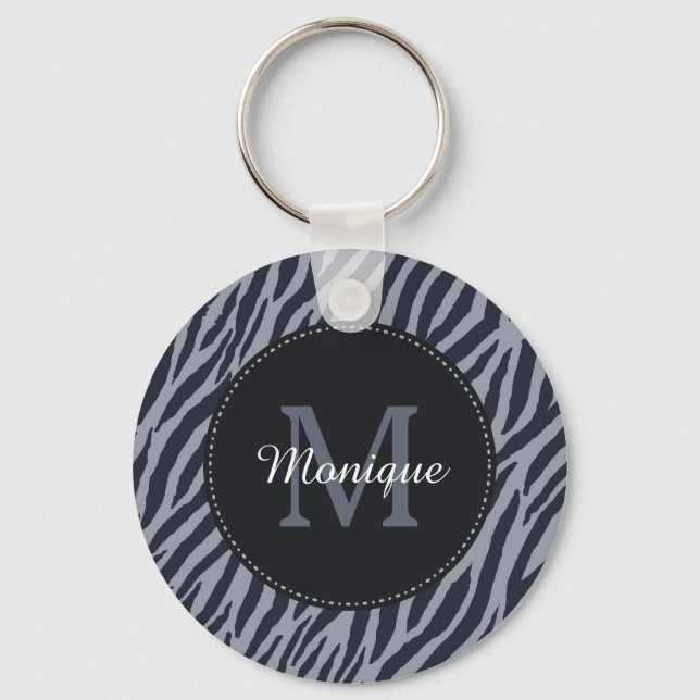 Stylish Dark Grey Zebra Print Monogram and Name Key Ring (Front)