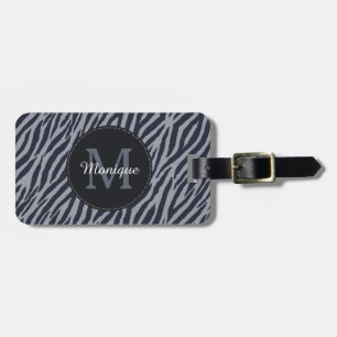 Stylish Dark Grey Zebra Print Monogram and Name Luggage Tag