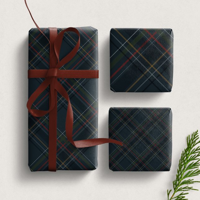 Stylish dark navy blue Christmas plaid holiday Wrapping Paper Sheet (Creator Uploaded)