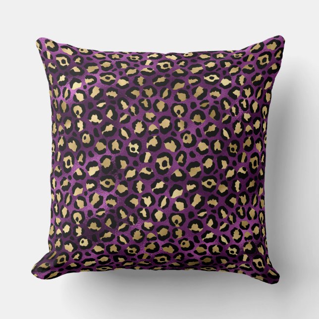 Stylish Dark Purple and Gold Foil Leopard Spots Cushion (Front)