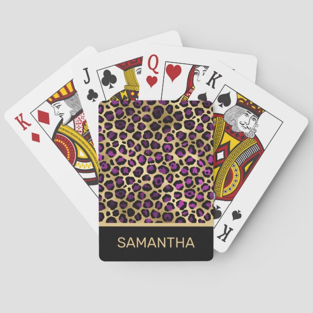 Stylish Dark Purple and Gold Foil Leopard Spots Playing Cards (Back)