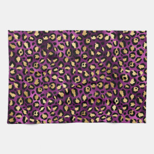 Stylish Dark Purple and Gold Foil Leopard Spots Tea Towel
