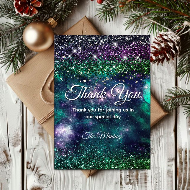 Stylish dark purple green faux glitter thank you card (Creator Uploaded)