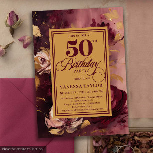 Stylish dark red blush gold roses 50th birthday   invitation