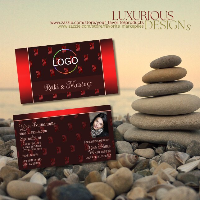 Stylish Dark Red Chic with Logo Photo and Monogram Business Card (Creator Uploaded)