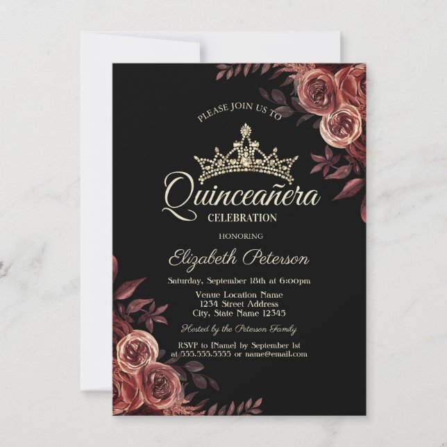 Stylish Dark Red Roses Gothic Quinceañera  Invitation (Front)