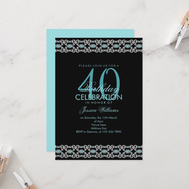 Stylish Decorative Border, Aqua Gem's Birthday Invitation (Front/Back In Situ)