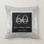 Stylish Decorative Silver 60th Wedding Anniversary Cushion<br><div class="desc">Beautiful, glamourous trendy, modern, romantic and sophisticated feminine design for couple's 60th wedding anniversary party events. Elegant and glamourous fabulous sixtieth anniversary. With a beautiful fancy swirly and shiny decoration border frame in stunning silver colours with a black replica underneath to give a great contrast all printed on a glamourous...</div>