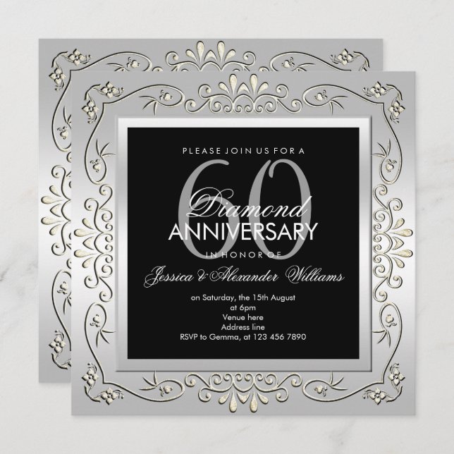 Stylish Decorative Silver 60th Wedding Anniversary Invitation (Front/Back)