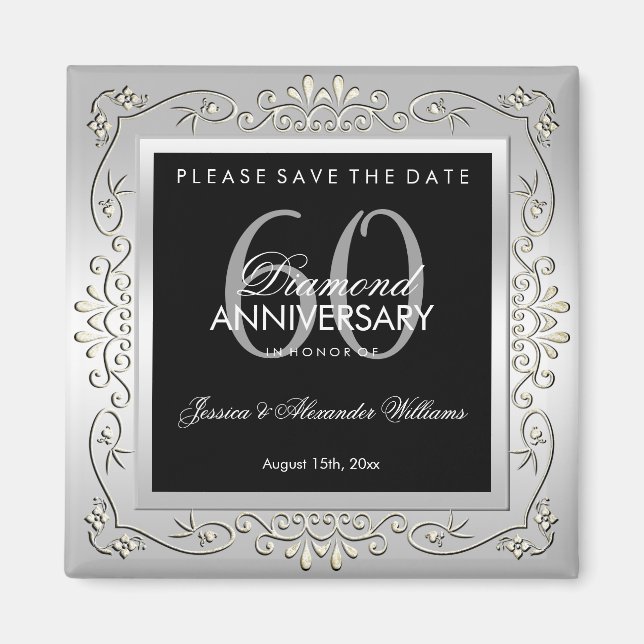 Stylish Decorative Silver 60th Wedding Anniversary Magnet (Front)