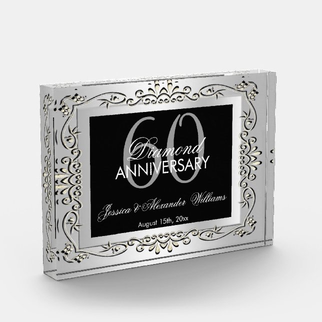 Stylish Decorative Silver 60th Wedding Anniversary Photo Block (Left)