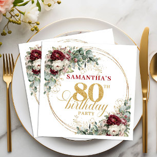 Stylish Deep Red Floral 80th Birthday Napkins