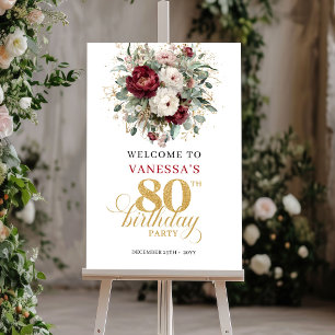 Stylish Deep Red Floral 80th Birthday Welcome Sign