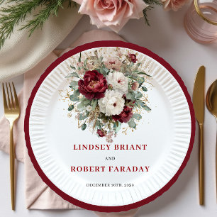 Stylish Deep Red Floral Eucalyptus Gold Wedding  Paper Plate