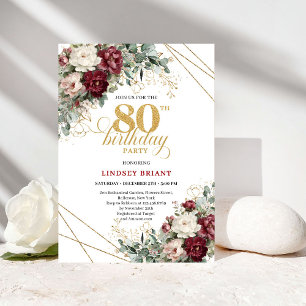 Stylish Deep Red Flowers Eucalyptus Gold 80th Birt Invitation