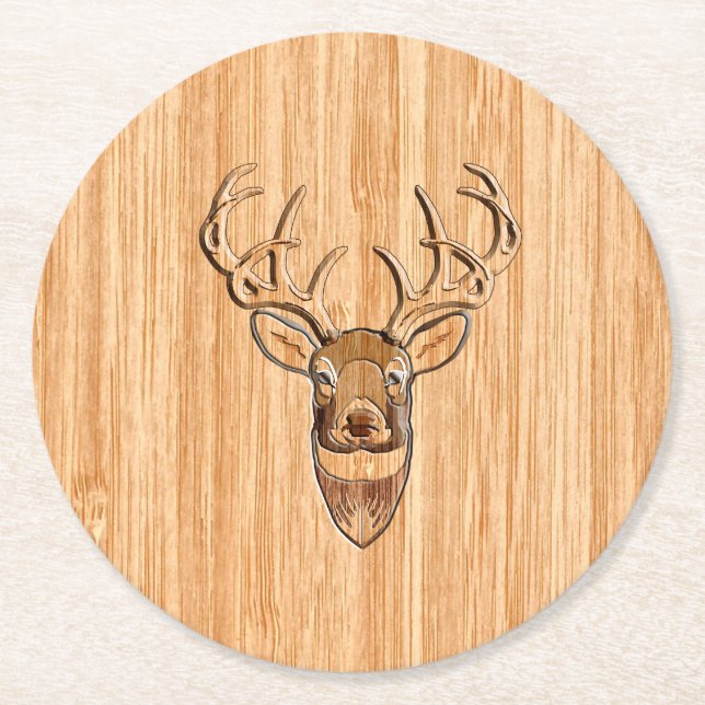 Stylish Deer Head Light Wood Grain Print Round Paper Coaster (Front)