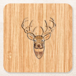 Stylish Deer Head Light Wood Grain Print Square Paper Coaster