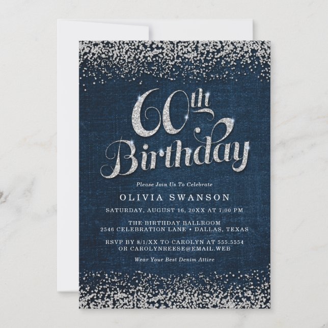 Stylish Denim & Diamonds 60th Birthday Party Invitation (Front)