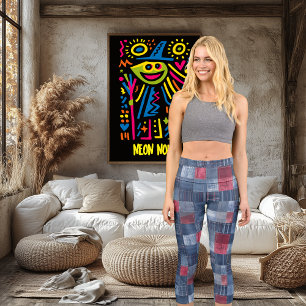 Stylish Denim Patchwork, in Blue & Red custom text Capri Leggings