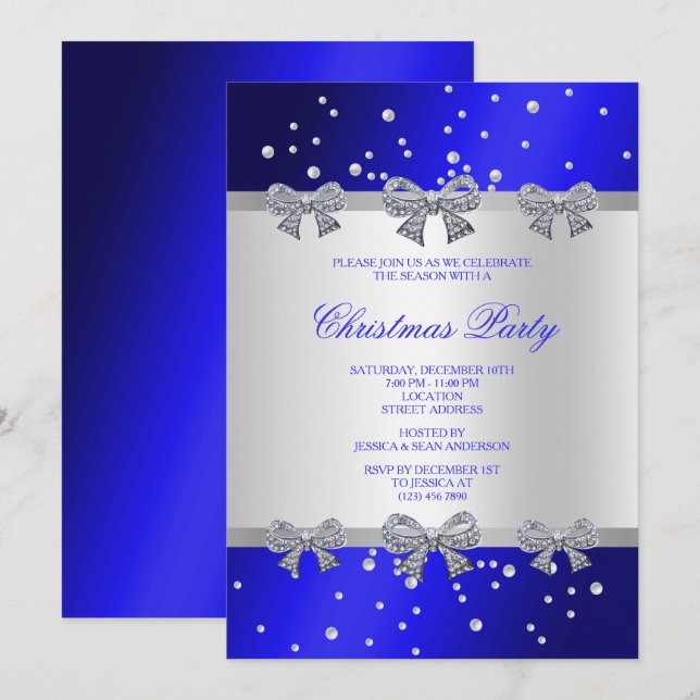 Stylish Diamond Bows & Pearls Christmas Invitation (Front/Back)