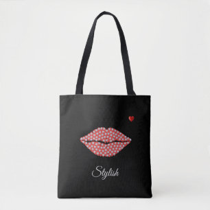 Stylish diamond lips, calligraphy & heart on black tote bag
