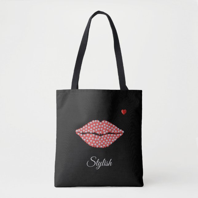 Stylish diamond lips, calligraphy & heart on black tote bag (Front)