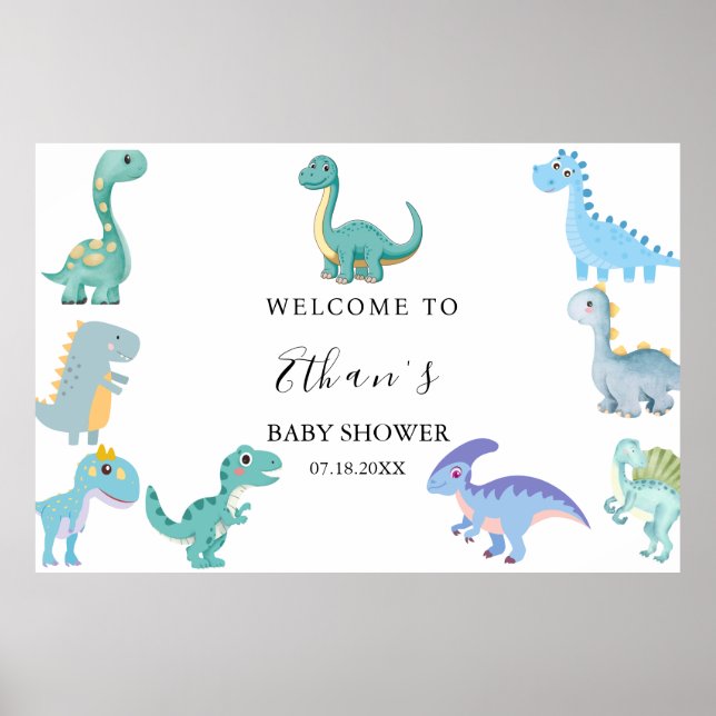 Stylish Dinosaur Baby Shower White Poster (Front)