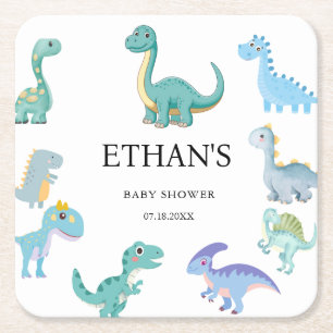 Stylish Dinosaur Baby Shower White Square Paper Coaster
