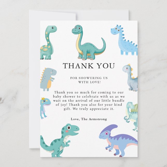 Stylish Dinosaur Baby Shower White Thank You Card (Front)