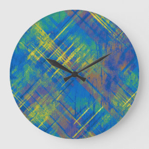 Stylish Distressed Plaid Check Blue, green, yellow Large Clock