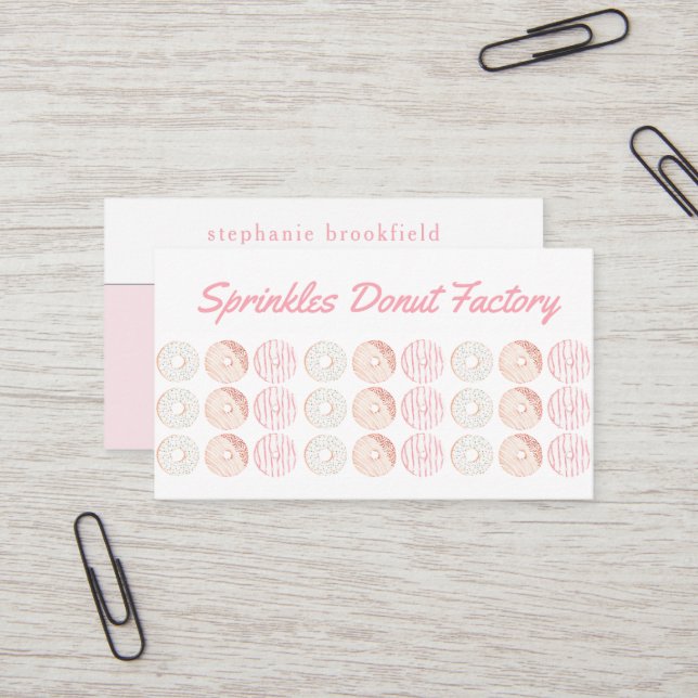 Stylish Doughnut Pattern Pink Bakery Cafe  Business Card (Front/Back In Situ)