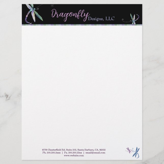 Stylish Dragonfly Designer Business Personalised Letterhead (Front)