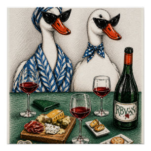 Stylish Duck Couple Wine And Cheese Art Poster