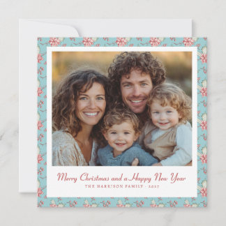 Stylish Duck Egg Blue and Pink Holly Photo  Holiday Card
