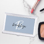 Stylish Dusty Blue Black White Monogram Business Card Holder<br><div class="desc">This trendy modern business card case features a monogram and first name in black and white script on a stylish dusty blue background.</div>