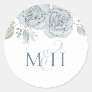Stylish Dusty Blue Floral Simple Monogram Flower Classic Round Sticker