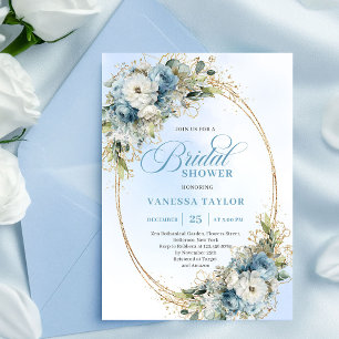 Stylish Dusty Blue Flowers Gold Frame Bridal Showe Invitation