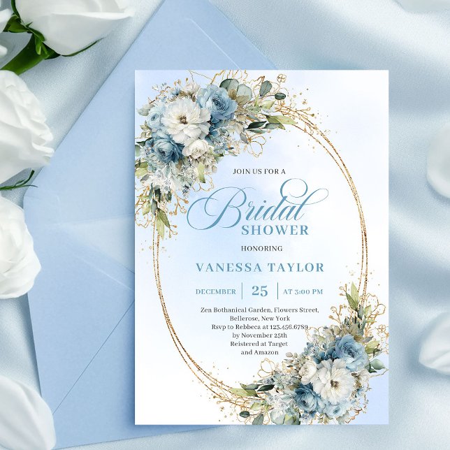 Stylish Dusty Blue Flowers Gold Frame Bridal Showe Invitation (Stylish Dusty Blue Flowers Gold Frame Bridal Shower Invite)