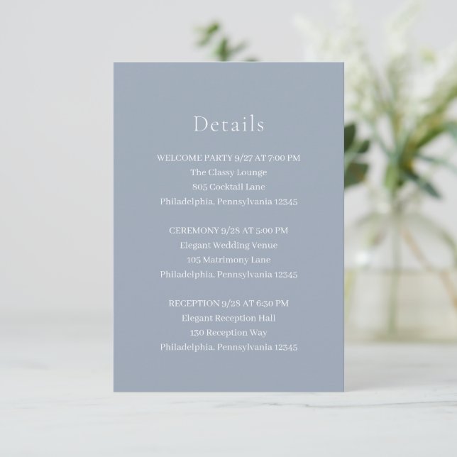 Stylish Dusty Blue Modern Wedding Enclosure Card (Standing Front)
