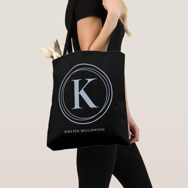 Stylish Dusty Blue Monogram Name Black Tote Bag (Close Up)