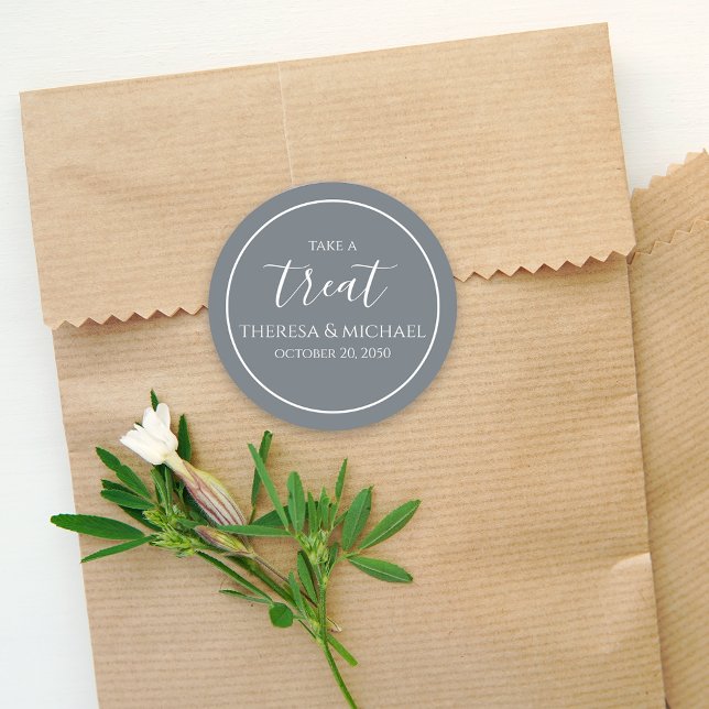 Stylish Dusty Blue Simple Take A Treat Calligraphy Classic Round Sticker (Creator Uploaded)