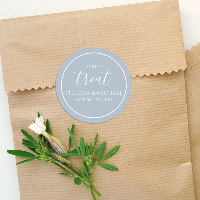Stylish Dusty Blue Simple Take A Treat Calligraphy Classic Round Sticker (Creator Uploaded)