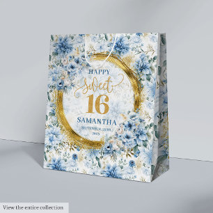 Stylish Dusty Blue Sweet 16 Gold Glitter Gift Bags